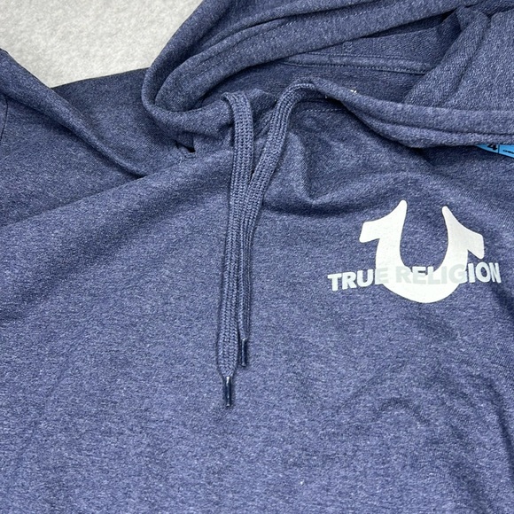 True Religion Mens Size Large Pullover Hoodie Blue TR Repeat Slant Logo Y2K NWT - Picture 5 of 11